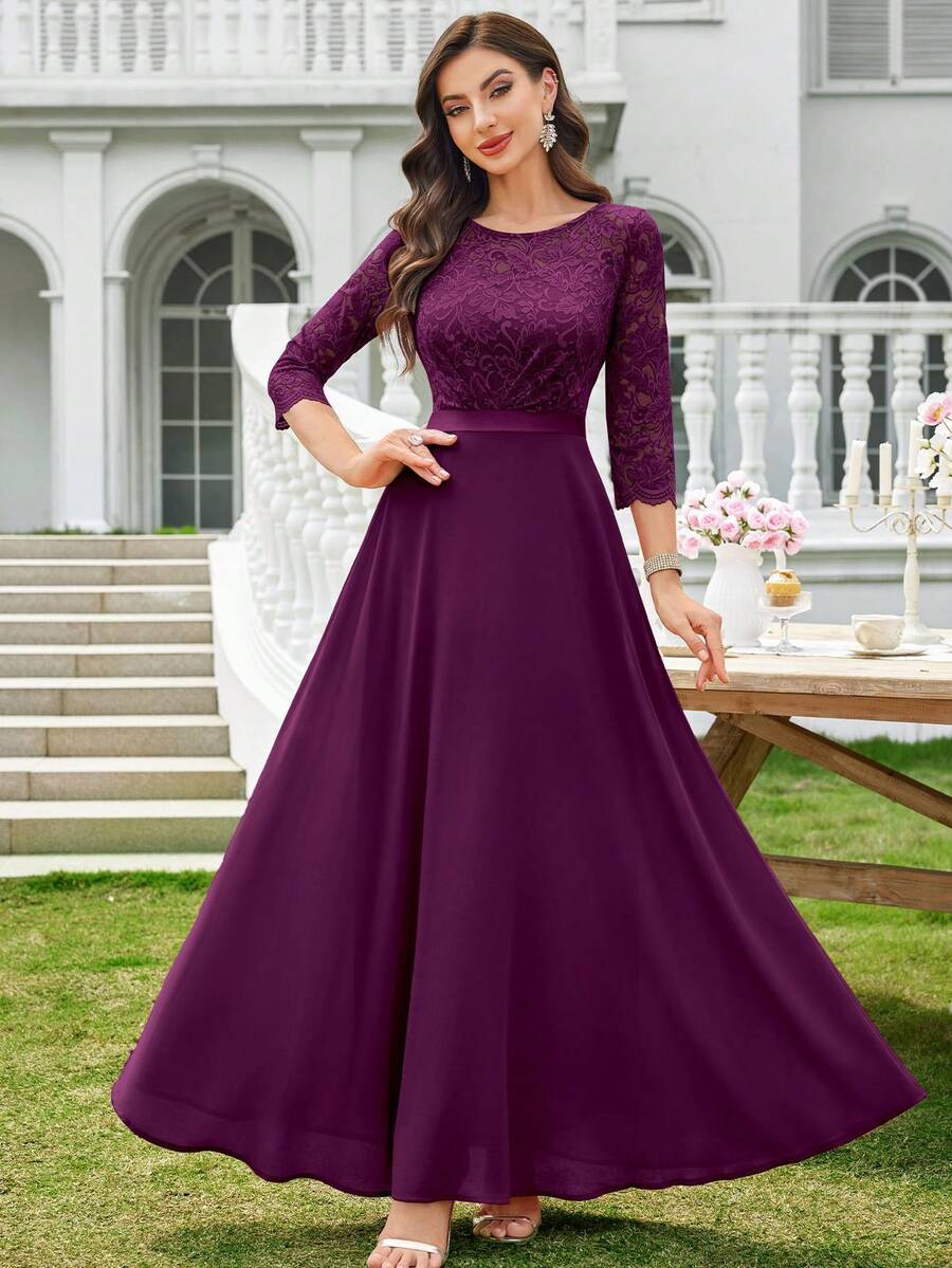 MIUSOL Đầm maxi dự tiệc trang trọng tay lửng 3/4 bằng chiffon, cổ tròn, ren hoa, thanh lịch dành cho nữ, đầm dạ hội, đầm dự đám cưới, đầm tốt nghiệp, đầm dạ tiệc, đầm dự tiệc trang trọng.