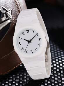 1Pc Men's White Strap Fashionable Casual Personalized Graffiti Elements Simple Scale Dial Quartz Watch Suitable For Daily Wear Or Graduation Gifts - trắng - Xem 2