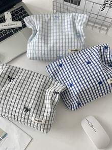 1 件格子蓝色刺绣花卉化妆包，女士口红收纳袋，化妆刷架旅行必备品，适合假期化妆包，化妆收纳旅行包，女士 - 彩色 - 查看 4