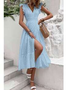 Long Beach Dress With Wrap Hem And Ruffle, Vacation Outfit For Women - Light Wash - View 6