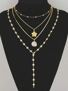 4pcs Elegant Luxurious Sexy Women Friendship Flower Gold Tone Cross Faux Pearl Necklace Set, Layered Long Necklaces For Daily, Party, Wedding Occasions