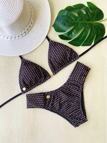 Biquíni Cortininha Estampado Com Bojo Removível Calcinha Borboleta Fechada Poá Preto - Preto - Visão 5