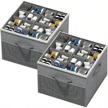 Shoe Organizer Closet, 2 Pack Foldable Shoe Storage Organizer Box Bin With Adjustable Dividers And Cover, Fits Up To 16 - 32 Pairs Beige - 灰色 - 查看 1