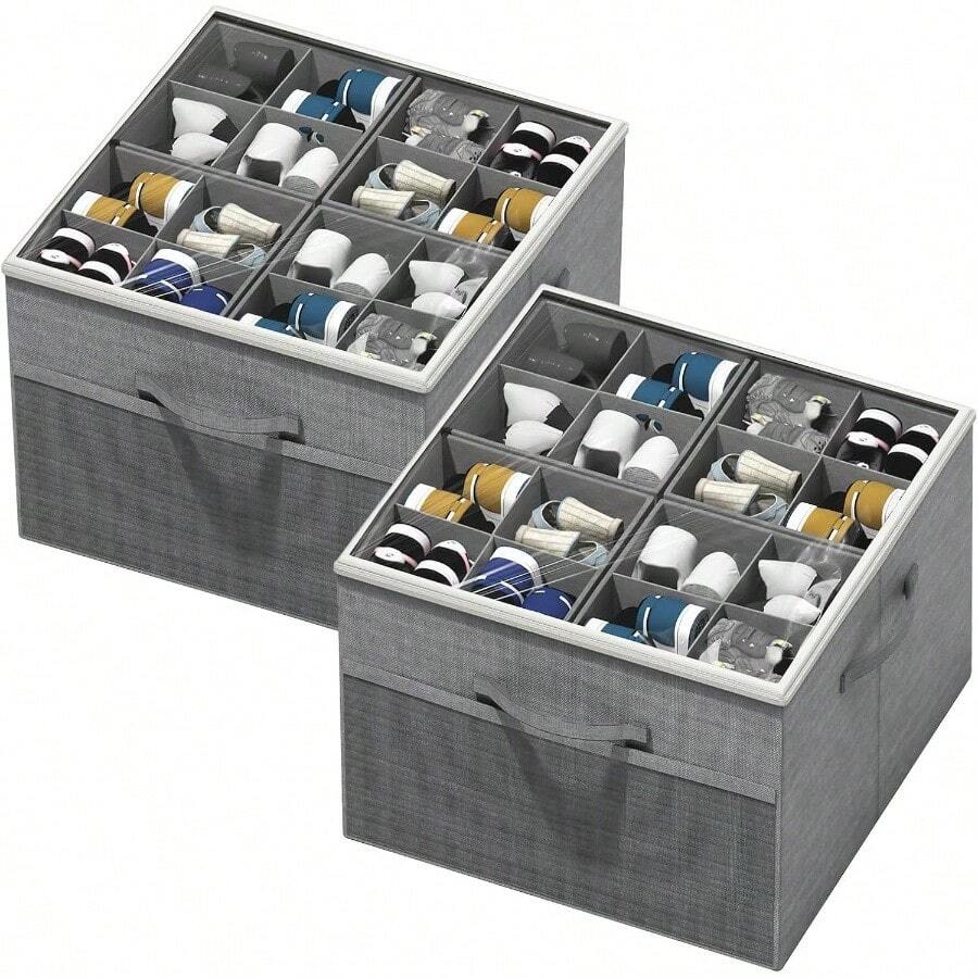 Shoe Organizer Closet, 2 Pack Foldable Shoe Storage Organizer Box Bin With Adjustable Dividers And Cover, Fits Up To 16 - 32 Pairs Beige - 灰色 - 查看 1