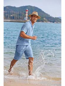 Men's 2 Pieces Linen Set Casual Henley Short Sleeve Shirts Beach Yoga Shorts Summer Outfits - Màu xanh lam - Xem 6