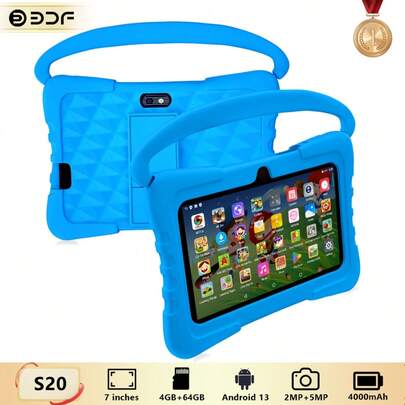 Children's Electronic Learning Toy/4GB RAM + 64GB Storage/7-Inch Tablet/Quad-Core 1.3GHz Processor/Android 13 OS, MTK8321 Chip/1280x800 IPS HD Display/2MP + 5MP Dual Cameras/4000mAh Battery/WiFi Gaming/ABS Plastic + Silicone Material BDF S20 Tablet (Includes: Box, Cable, Manual, OTG Adapter, Card Reader)