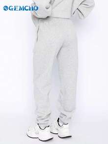 GEMCHO 女士涤纶运动裤，带口袋，针织面料略带弹性，休闲跑步慢跑裤，适合所有季节 - 灰色 - 查看 6