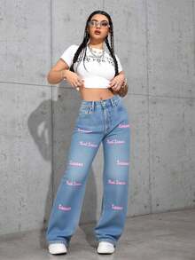 Jeans casuales de uso diario de ajuste regular para mujer, Jeans para mujer, Jeans holgados para mujer, Vaquera, Día de San Patricio, Ropa de calle para mujer, Jeans holgados brillantes, Pantalones de pierna ancha - Azul lavado medio - Ver 5