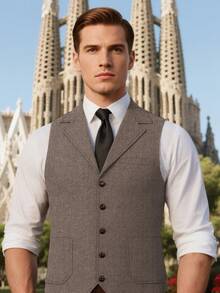 Casual Men's Vests Herringbone Tweed Vest V-Neck Waistcoat For Men Retro Men's Wedding Vests Hunting Travel Workwear Vest - 摩卡棕 - 查看 4