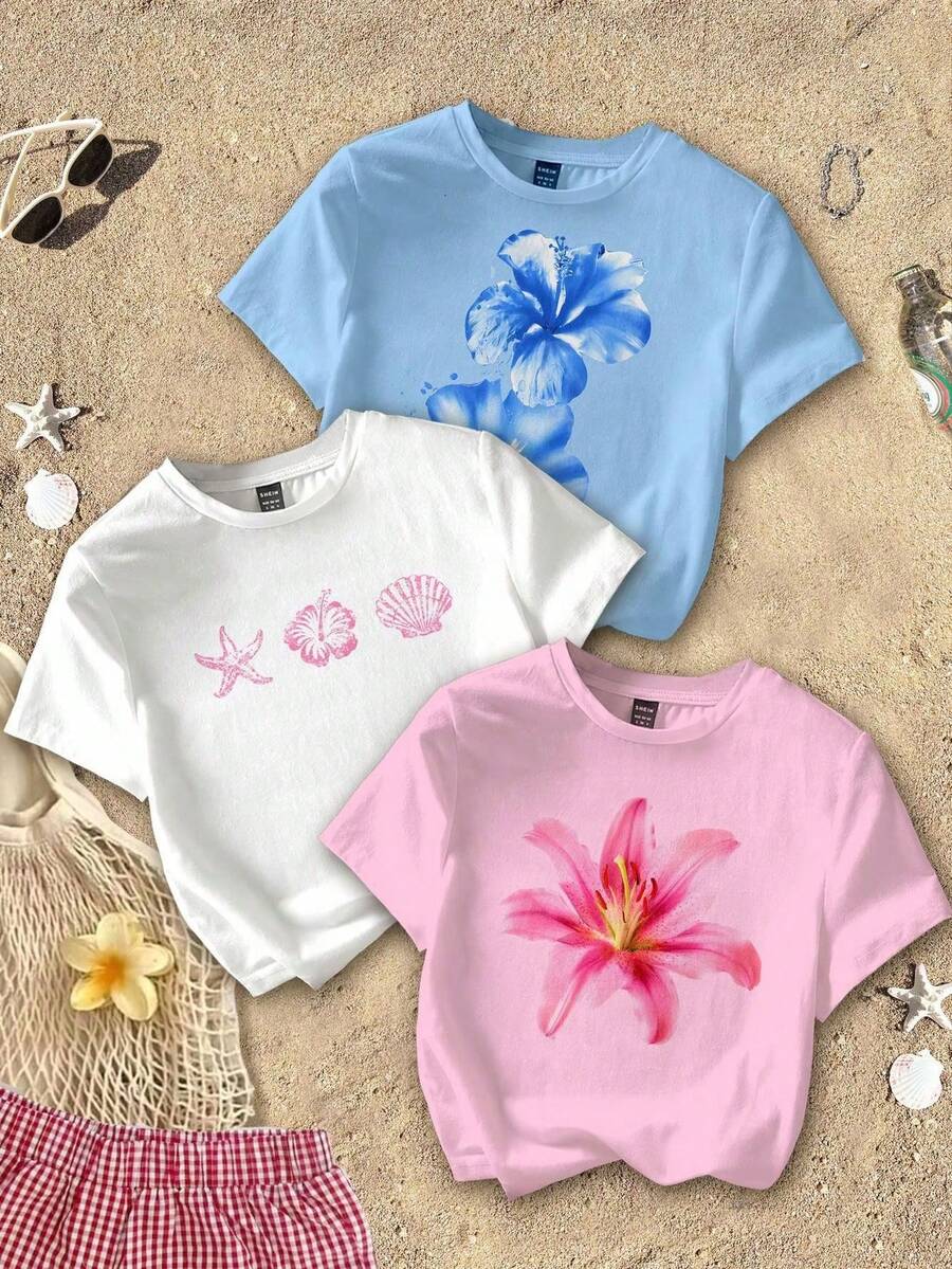 Mujer camiseta casual con estampado floral playero suelta cuello redondo manga corta primavera verano para vacaciones - Multicolor - Ver 1