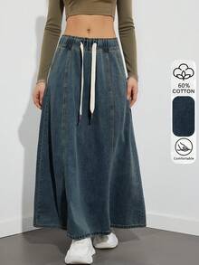 Elastic Waist Loose Denim Dress, American Design Style, Casual Denim Dress In Deep Blue, Fashionable Spring/Summer Outfit - Dark Wash - View 8