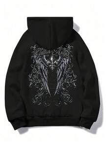Women's Gothic Retro Wing Print Sweatshirt, Casual Street Style Long Sleeve Drawstring Pocket Sweatshirt, Minimalist Versatile Pullover For Daily Wear - Black - View 2