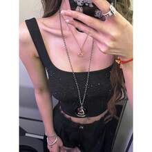 Women Rib Tank Top Padded Workout Top Square Neck Crop Tank Fitted Basic Cami Tops - Diamond Black - View 3