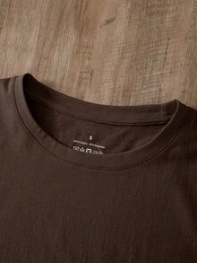 Camiseta relajada de mujer con cuello redondo y mangas cortas de unicolor, uso casual diario, tops para mujeres tshirt - Café - Ver 3