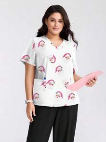 cimmuovere Plus Size Damska koszulka z dekoltem w serek i krótkim rękawem, z nadrukiem Świętego Mikołaja, z nadrukiem, do pielęgniarstwa, odzież robocza, do dentysty, dla zwierząt, do szpitala, laboratorium