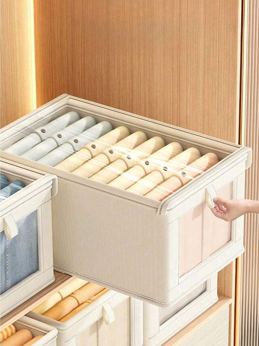 2 piezas Cajas de almacenamiento plegables de tela beige, adecuadas para vaqueros, suéteres y otras prendas, cajas de almacenamiento decorativas para el armario, decoración de otoño, decoración del hogar, decoración del dormitorio - Beis - Ver 1