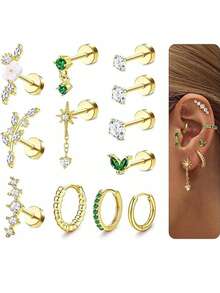 12 件女士平背软骨耳环 - 防过敏手术不锈钢耳钉环软骨耳环套装耳甲海螺耳屏耳轮穿孔珠宝