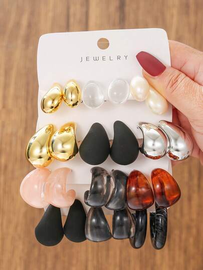 3-12 أزواج من أقراط النساء غير المتماثلة على شكل حرف C من الراتنج، قطرة اللون، مناسبة للهدايا والاستخدام اليومي