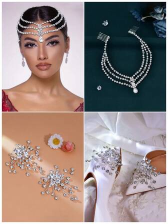 1 套奢华水钻头带、鞋扣新娘配饰、额头吊坠、带可拆卸鞋夹的高跟婚鞋、婚礼/舞会装饰配饰