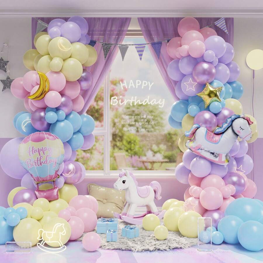 Pastel Birthday Decorations, 106pcs Pastel Balloons With Rocking Horse Hot Air Balloons For Birthday Party Favors Rainbow Gender Reveal Party Unicorn Decorations Bedroom Home Decor - Pastel - View 1