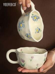 yeefeeco 1 pezzo Set tazza e piattino in ceramica, tazza da caffè e piattino con motivo floreale, tazza da tè carina e piattino, adatto per uso domestico, tè pomeridiano, ragazze e periodo di rientro a scuola