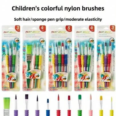 3/4/5 件儿童涂鸦彩色塑料手柄画笔，适合初学者水彩丙烯艺术绘画，儿童涂鸦塑料手柄绘画画笔，适用于水彩丙烯水粉艺术用品