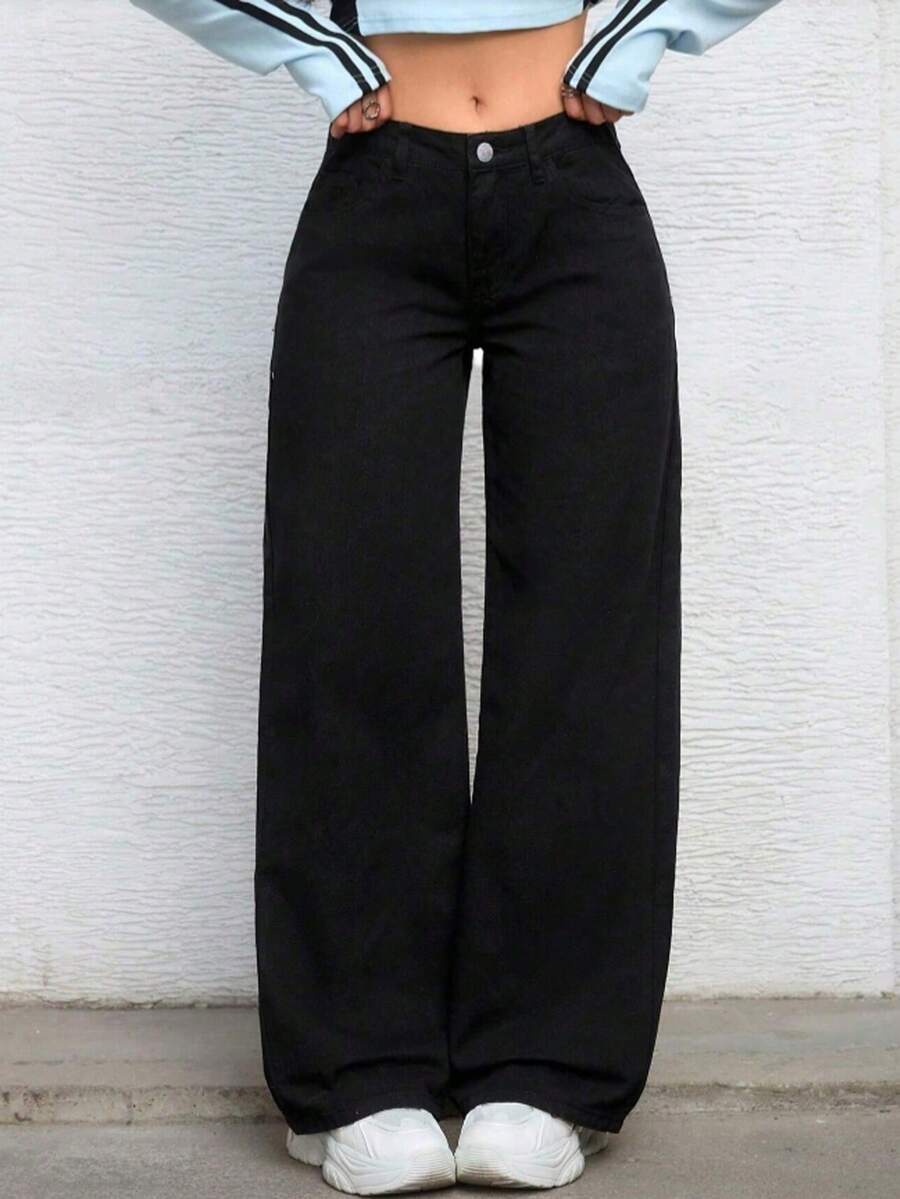 少女时尚纯色直筒牛仔裤 - 黑色 - 查看 1