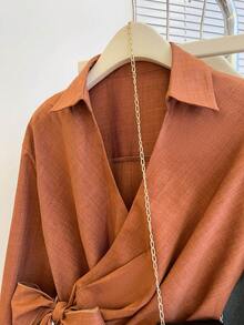 Brown Long Sleeve Tie-Waist Bow Cinched Waist Elegant Slim Fit Blouse For Women, Spring/Summer - Brown - View 6