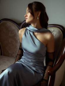 Đầm cocktail dự tiệc cưới cổ điển thanh lịch, thiết kế xếp ly eo, chất liệu co giãn, đầm dự tiệc cưới, đầm dự đám cưới mùa xuân. - Màu xanh bụi bặm - Xem 8