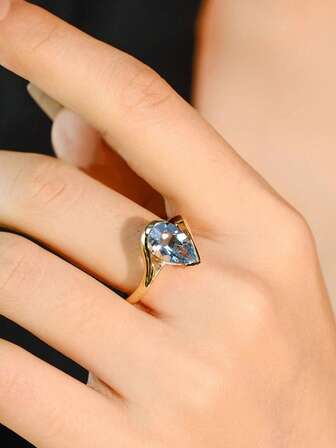 1 buc Inel curbat din argint sterlin S925 în formă de lacrimă cu acvamarin și zirconiu, design minimalist elegant vintage, purtare zilnică versatilă și cadou pentru femei