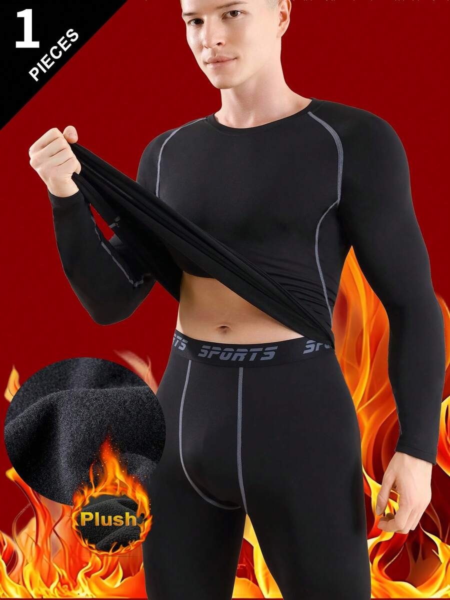 男士户外保暖内衣，加厚保暖内衬，纯色长袖圆领上衣，适合寒冷天气下的户外活动，如滑雪、秋冬季穿着。 - 黑色 - 查看 1