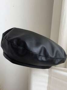 1 Stück Damen Schwarze Flache Baskenmütze, vielseitige PU Maler Baskenmütze, Kürbismütze, Herbst/Winter