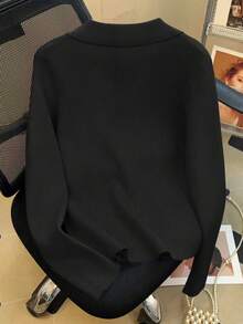 纯色针织女式立领羊毛衫，休闲秋冬保暖款，简约修身，蓝色，秋季服装 - 黑色 - 查看 5