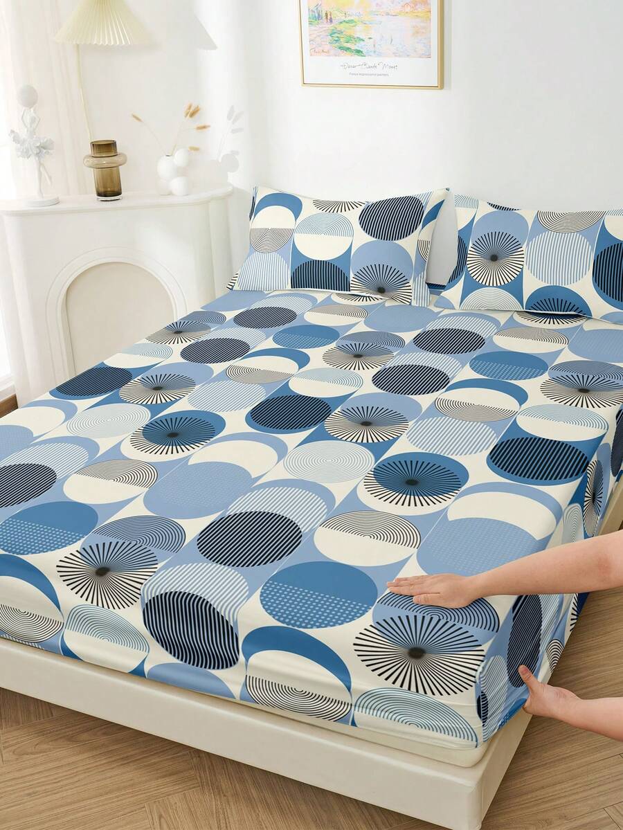 1 Peça Lençol Ajustável, Essencial de Roupa de Cama Respirável, Ultra Macio e Amigo da Pele, Protetor de Colchão Envolvido em 360°, Anti-Deslizante e Resistente a Rugas, Disponível nos Tamanhos Twin/Full/King/Queen, Design de Padrão Circular Estilizado, Lavável em Máquina, Decoração de Outono, Decoração Aconchegante para Quarto