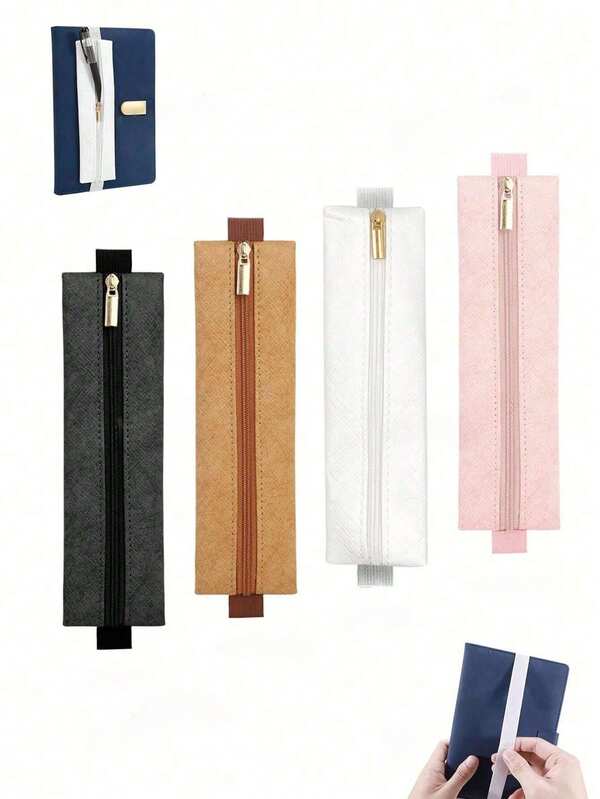 1/2pcs Black/Brown/White/Pink Faux Leather Paper Pencil Case, Creative Zipper Closure Foldable Strap Design Large Capacity Durable Stationery Storage Bag Suitable For Business, Office, Students Back To School