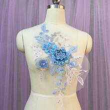 1pc Pink & Blue 3D Floral Embroidered Patch, Beaded Sewing Accessory For DIY Clothing Decoration - Multicolor - View 5