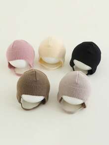 1 pezzo Cappellino con paraorecchie per neonati, berretto lavorato a maglia di colore unito adatto per neonati maschi e femmine, per autunno/inverno/primavera, per proteggere testa e orecchie dal freddo