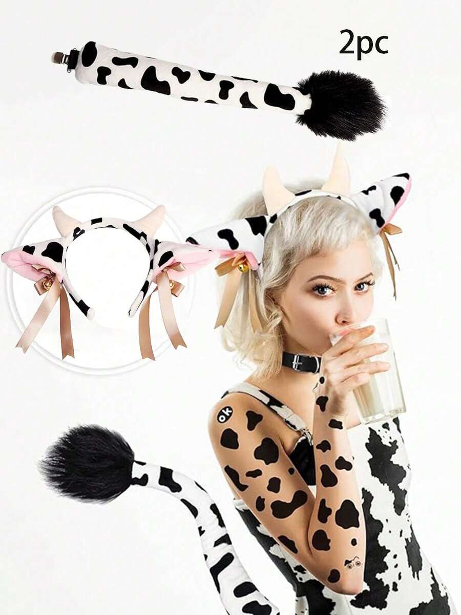 2pcs Uniform Size Universal Black And White Bull Ear Headband + Tail Bell Set Cosplay Accessories,Party - White - View 1