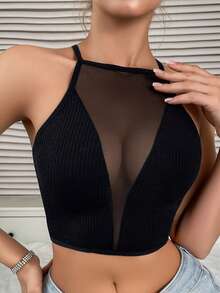 对比色网眼透视露背钩领文胸、内衣 - 黑色 - 查看 3