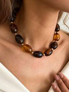 1pc Bohemian Geometric Asymmetrical Beaded Resin Chain Necklace, Luxurious Casual Party Women's & Couples' Wedding Holiday Versatile Metal Jewelry Gift - Necklace - View 1