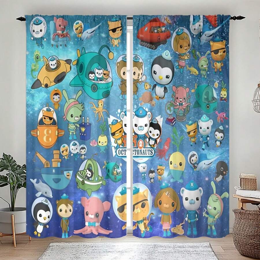 2pcs Polyester Underwater Baby Pattern Curtains, Modern Knitted, Machine Washable, Fashionable Theme, Polyester, Digital Printing, Suitable For Various Room Types, Great For Living Room, Bedroom, Kitchen, Cafe, Curtain, Add Style (Rods Not Included)