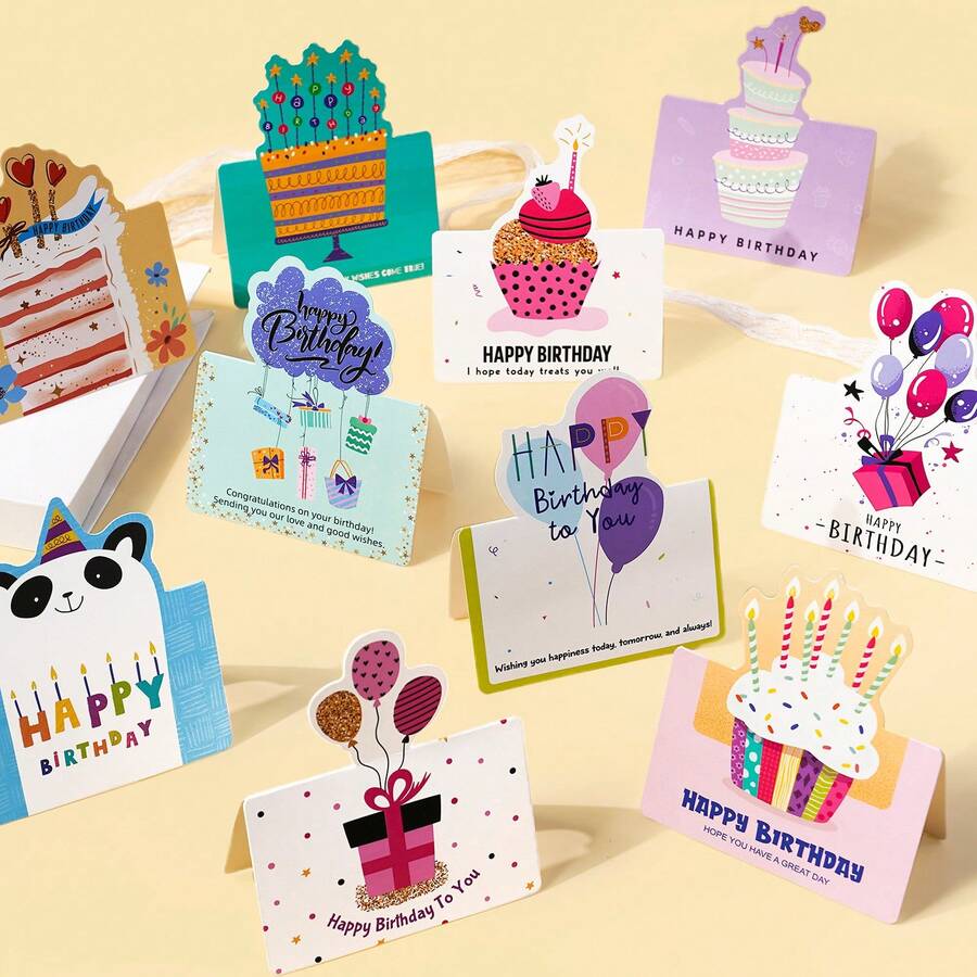 10pcs Birthday Cards 3D Small Size Cartoon Simple Ins Style Folded Handwritten Wishes Birthday Cards - 10 tấm thiệp sinh nhật hình dạng - Xem 1
