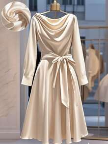 优雅大码长袖高领连衣裙，配有腰带和垂褶结饰，A字廓形，奶油色，无弹力面料 - 杏色 - 查看 1