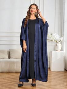 كارديجان أنيق بقصة فضفاضة بأكمام خفاش مزينة برينستون مخطط، بلون أزرق داكن، للارتداء اليومي العادي - أزرق غامق - مشاهدة 5