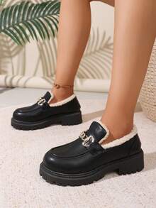 2024 New Women's Retro Style Loafers, Black PU Leather Loafers With Gold Chain Decor, Faux Lined Warm Shoes, Thick Sole Comfortable Non - Slip Wear - Resistant Rubber Sole, Fashionable Versatile Daily Wear Shoes, Easy - To - Match Indoor Outdoor Casual Shoes, Popular Must - Have Item For Daily Outfits, Parties, Street Style - Black - View 8