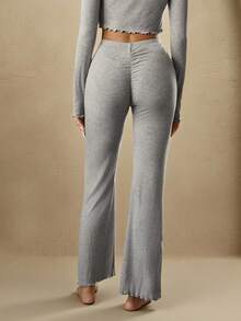 Anewsta 休闲舒适人造丝纯色露脐拇指孔上衣和喇叭裤女士家居服套装，混色灰色假日季套装，冬季服装 - 灰色 - 查看 4