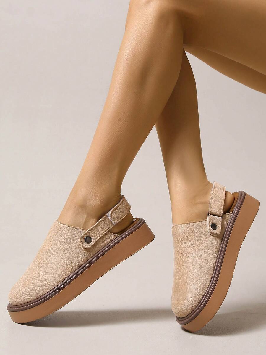 新款女士圆头时尚厚底一脚蹬平底鞋，米色、杏色、棕色、灰色，休闲户外穆勒鞋，金属扣，品质升级，春夏