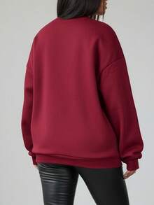Plus Size Cozy Thermal Lined Crewneck Sweatshirt For Women - Christmas Letter Line Tree Print Casual Daily Wear Top, Holiday Versatile Fashion - Burgundy - View 5