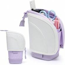2 In 1 Standing Pencil Telescopic Pen Holder Stationery Pouch Organizer Box Large Storage Bag School Students Office Women Teens Girls Boys Purple Ash White