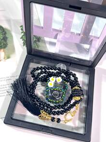 Elegant Floating Box Beaded Set: Flower Rhinestone Ring Counter + Prayer Bead Bracelet, Tasbih Counter Bracelet, Step Counter, Suitable For Holiday Gatherings As Gifts - Multicolor - View 9
